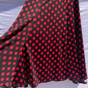 Silky, red and black polka dot flared skirt